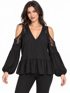 ASOS Black Lace Cold Shoulder Peplum Blouse Size 8 Goth Romantic - Dark Romance